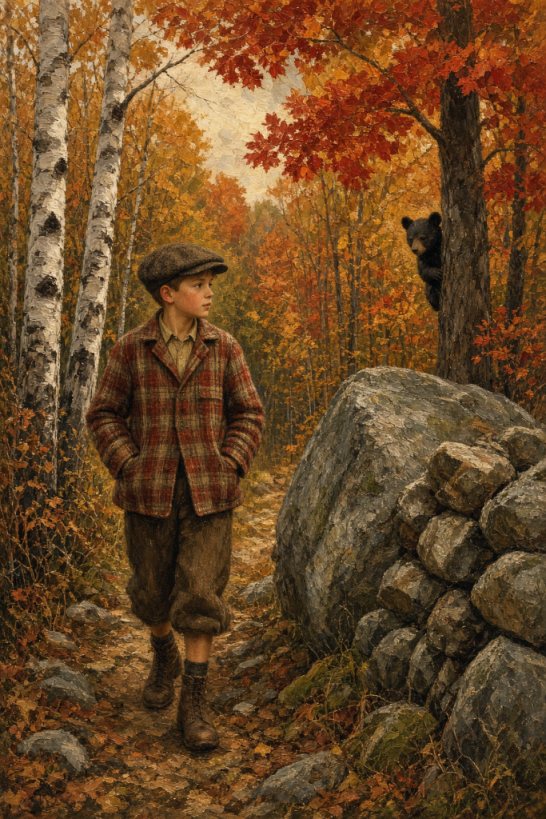 A boy and a bear cub on a path through orange and yellow fall woods